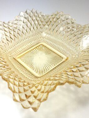 Indiana Glass Amber Diamond Point Square Ruffled Bowl Circa 1965